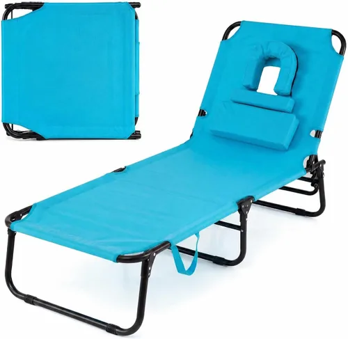 Miniatura 11 de Sillón plegable de playa con 5 respaldos ajustables y almohada acolchada, tumbona para tomar el sol, silla plana de bronceado para cubierta de Azul