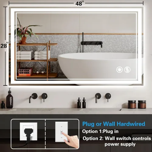 Miniatura 6 de Espejo LED de 48 x 28 pulgadas para baño, espejo de baño sin niebla, con luces LED, regulable, 3 colores, luces delanteras y retroiluminadas, espejo