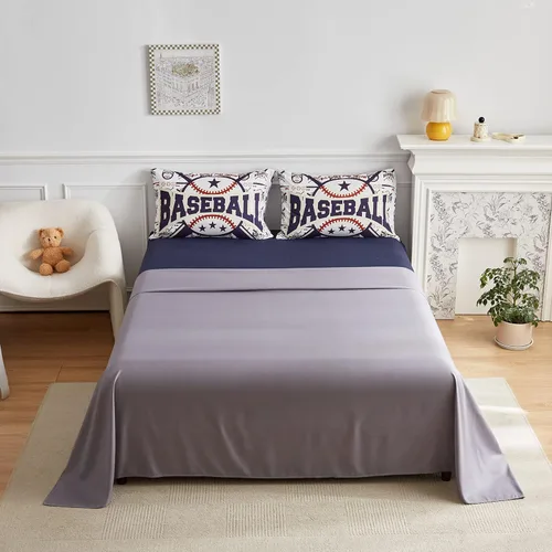 Miniatura 5 de Juego de edredón de béisbol para niños en una bolsa tamaño full, juego de ropa de cama de 7 piezas con dibujos animados de béisbol