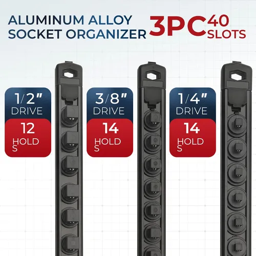 Miniatura 2 de Reniteco Juego de organizador de enchufes magnéticos, 3 piezas de 1/2 pulgada 3/8 pulgadas 1/4 pulgadas de aleación de aluminio con 40 clips Negro
