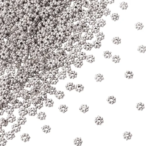 Miniatura 8 de Fashewelry 1000 cuentas espaciadoras de flores de margarita de plata antigua, de 4 a 0.177 in, copos de nieve tibetanos, flores de invierno, cuentas