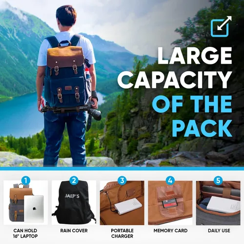 Miniatura 2 de JAEP Mochila para Cámara - Resistente a la Intemperie, Lona Encerada de Memoria de 16 Onzas – Mochilas DSLR SLR con compartimento para funda