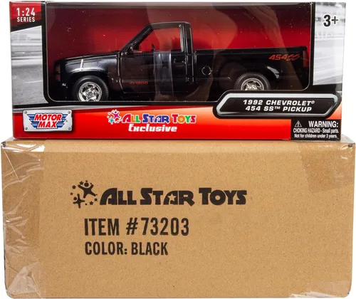 Miniatura 9 de All Star Toys 1992 Chevy C1500 454SS Pickup Truck a escala 1/24, modelo de coche fundido en metal negro con interior rojo Silverado 454 SS Motormax