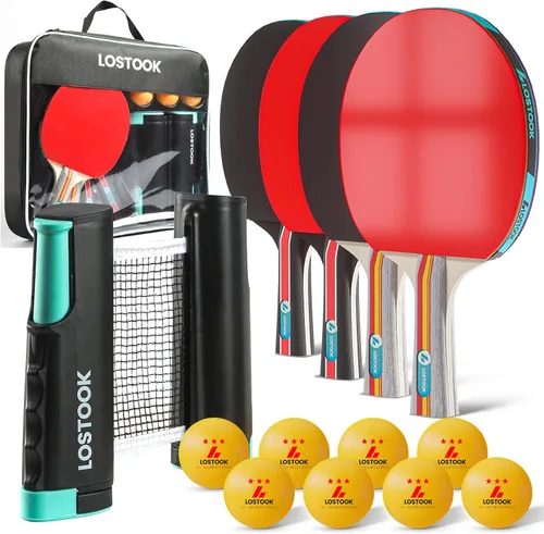 Miniatura 7 de Juego de 2/4 palas de ping pong profesionales de color negro con raquetas de tenis de mesa y 3 bolas de estrella, red de mesa de ping pong portátil