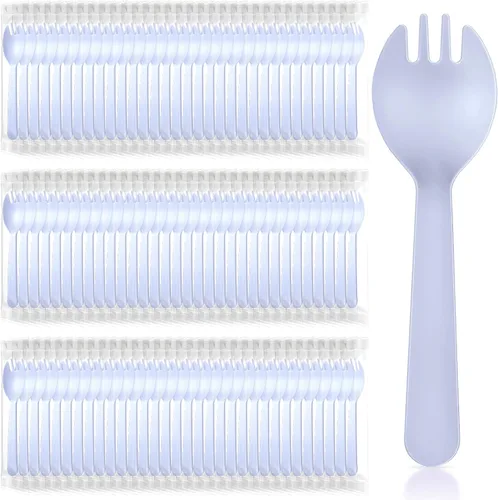 Miniatura 10 de Tioncy Juego de 150 tenedores desechables de plástico envueltos individualmente de 4.5 x 1.26 pulgadas, juego de tenedor y cuchara 2 en 1, Negro