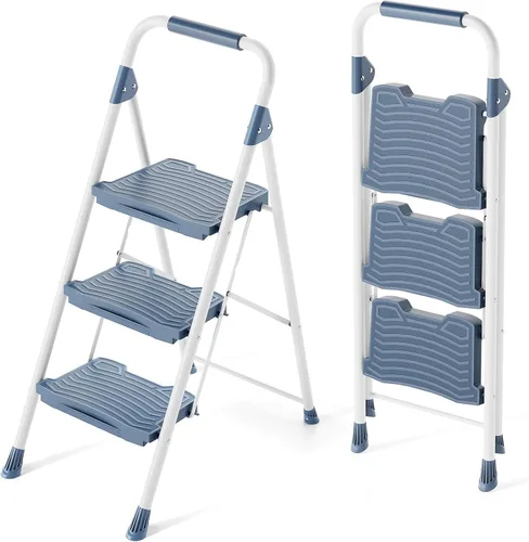KINGRACK Escalera de 3 peldaños, Silla de 900lbs resistente con pasamanos, Pedales anchos antideslizantes, Escalera plegable de 3 peldaños con Azul