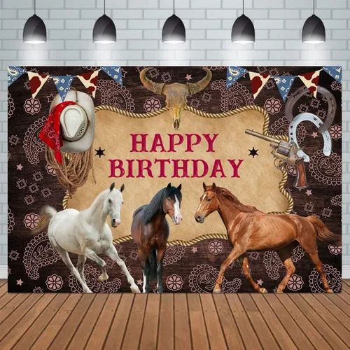 Miniatura 7 de Telón de fondo de fotografía de caballo de feliz cumpleaños, decoración de fiesta de vaquero del salvaje oeste, fondo de imagen, fondo de granja