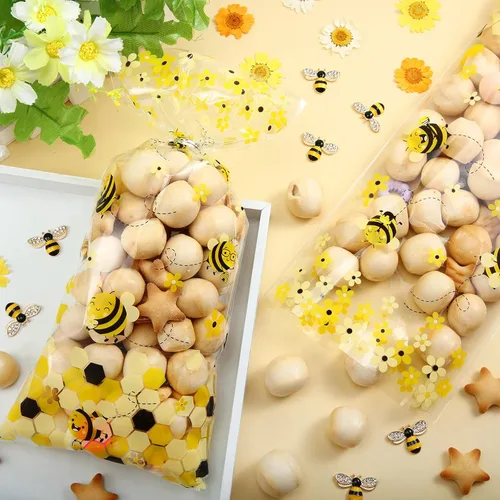 Miniatura 4 de Outus 100 bolsas de regalo de celofán para fiestas de abeja, bolsas de regalo de plástico con 100 lazos giratorios plateados para niños, cumpleaños