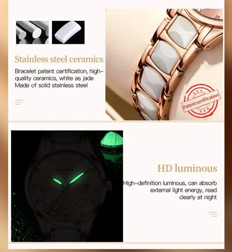 Miniatura 6 de OLEVS Relojes para mujer, oro rosa, de dos tonos, de moda, de cerámica, blanco, esfera rosa, roja, acero inoxidable, fecha impermeable