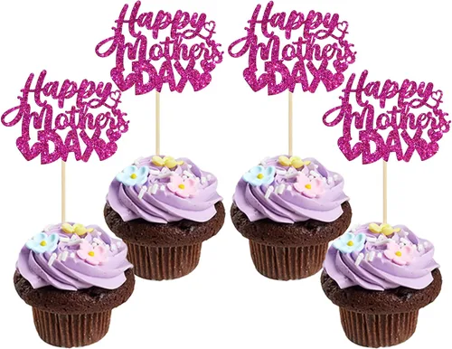 Miniatura 15 de Gyufise 1 pieza de decoración de pastel para el Día de la Madre con purpurina de corazón Love You Mom Cake Pick Rose Flower Best Mom Cupcake Decor