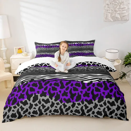 Miniatura 15 de Juego de funda de edredón con estampado de leopardo, tamaño individual, juego de ropa de cama rústica con rayas de piel de cebra, decoración