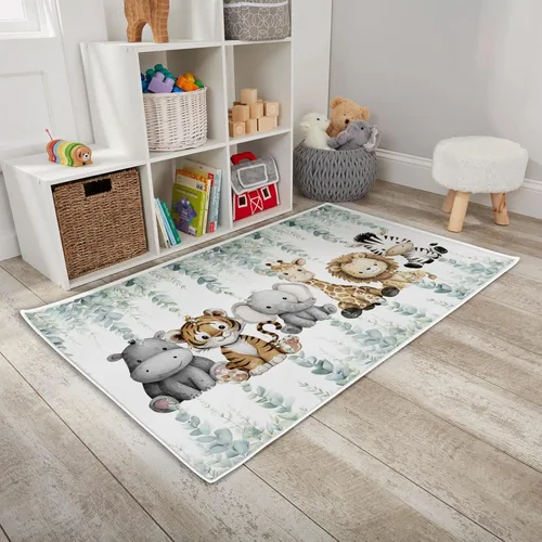 HawSkgFub Alfombra de área de juegos de animales de selva africana para niños y niñas pequeños, elefante, jirafa, león, cebra, antideslizante, Safari