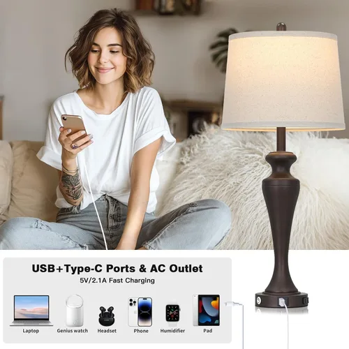 Miniatura 3 de Lámpara de mesa marrón oscuro de 30 pulgadas, lámpara de noche individual con control táctil de 3 vías con puertos USB A+C y salida de CA, lámparas