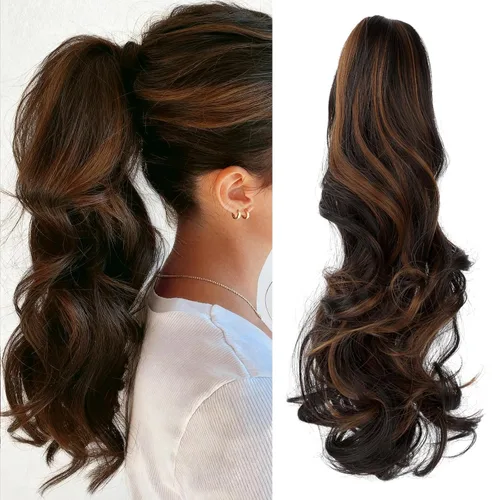 Miniatura 37 de Felendy Extensión de cola de caballo de 18 pulgadas, mezcla de rubio ceniza, marrón oscuro, rizado, ondulado, con clip, extensiones de cabello largo