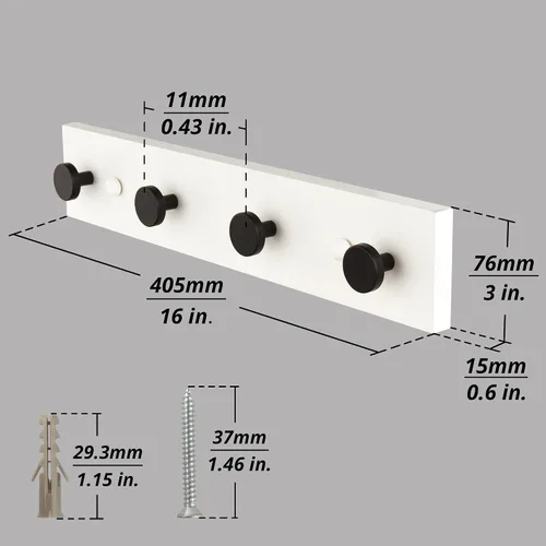 Miniatura 5 de HASWARE Ganchos de pared de 16 pulgadas, perchero de madera con 4 ganchos de pared de aluminio, para sombrero, toalla, bolsa de llaves