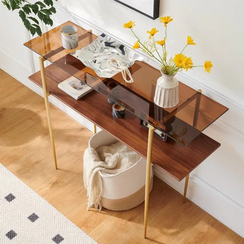 Miniatura 3 de Saint Mossi - Mesa consola marrón de 2 niveles para sala de estar, mesa de entrada estrecha moderna para pasillo, vestíbulo, pasillo, oficina, parte