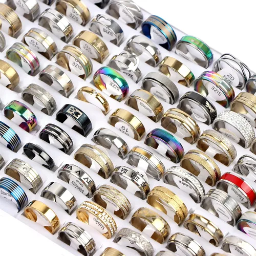 50PcsLot Fashion Stainless Steel Heart Rhinestone Band Rings For Women Men Mix Style Party Jewelry Wholesale