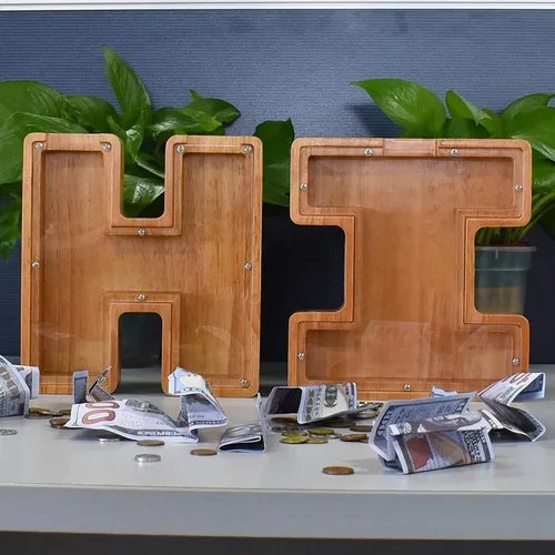 Miniatura 7 de Alcancía de madera con letras para niños y niñas, 26 letras del alfabeto, caja de ahorro de dinero, regalo de cumpleaños para niños y adultos C