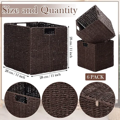 Miniatura 2 de Panelee Paquete de 6 cestas de mimbre plegables de mimbre tejidas a mano, cuerda de sauce de 11 x 11 x 11 pulgadas, cubos cuadrados organizadores