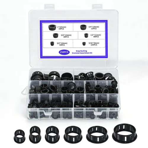 Miniatura 9 de 170 Piezas Ojales a Presión de Cable, Protector de Ojal de Cable de Nylon Negro Redondo a Presión, 5/16" 3/8" 1/2" 5/8" 3/4" 1" Tapones de Agujero