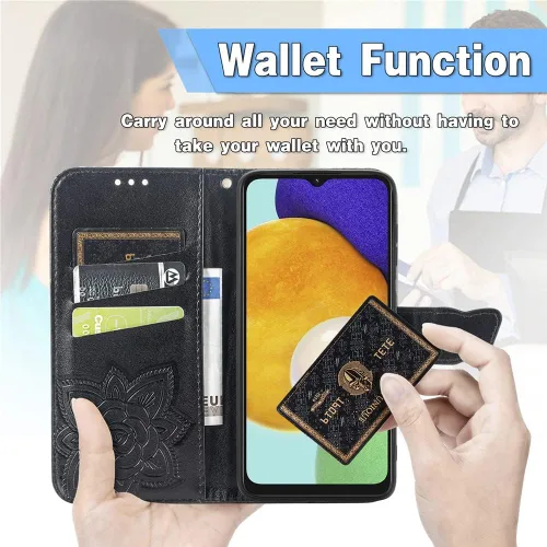 Miniatura 3 de Funda compatible con Samsung Galaxy A13 con purpurina brillante con tarjetero y soporte de cuero con tapa de mariposa de diamante a prueba de Negro