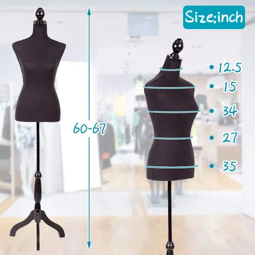 Miniatura 5 de Maniquí de torso de maniquí con soporte de trípode de madera de 60 a 67 pulgadas de altura, ajustable, para mujer, exhibición de joyería de maniquí