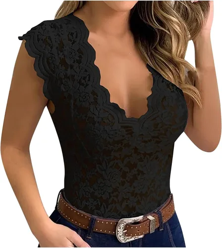 Camiseta sexy para mujer, ribete de encaje de verano, festoneado, ahuecado, transparente, escote transparente, para fiesta nocturna y club
