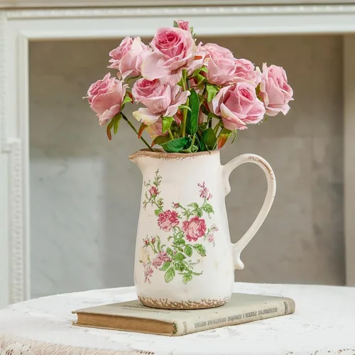 Jarrón de Cerámica Vintage Rose Flora con Asa, Jarrón Pitcher Retro con Esmalte Helado Agrietado Estilo Granja para Decoración del Hogar, Sala de