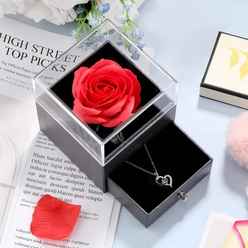 Miniatura 4 de Hicarer Collar con dije de corazón de proyección en 100 idiomas con rosa roja, caja de almacenamiento de joyas, regalos para mamá, mamá, día
