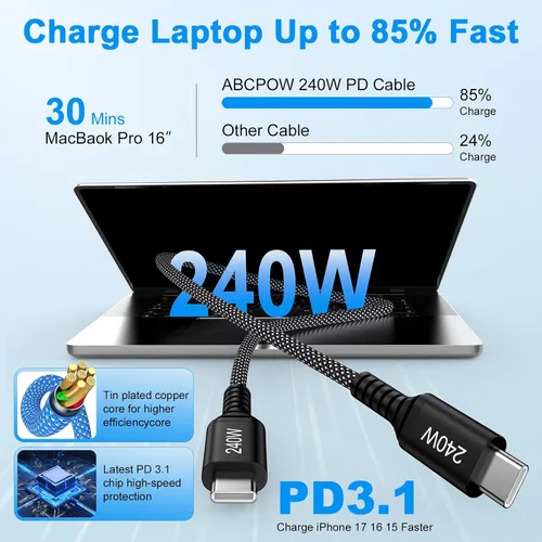 Miniatura 2 de Cable de carga para Samsung de 6 pies, 240 W, USB C a USB C, cable de carga súper rápida para Samsung Galaxy S26 Ultra Plus Z Flip 7 FE Z Fold 7 S25