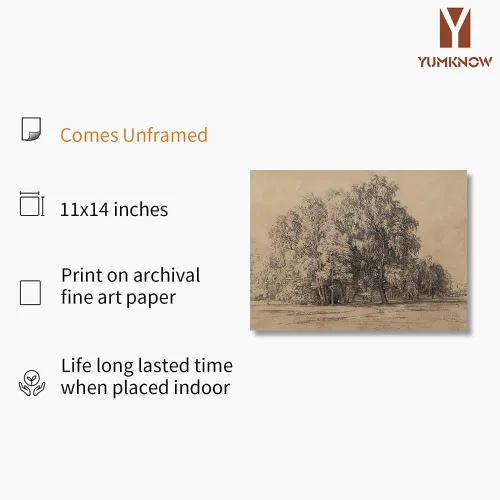 Miniatura 2 de Póster con estampado de árboles del bosque, color beige, dibujo de paisaje, grabado rústico, gris, arte de pared apagado, boceto gris neutro