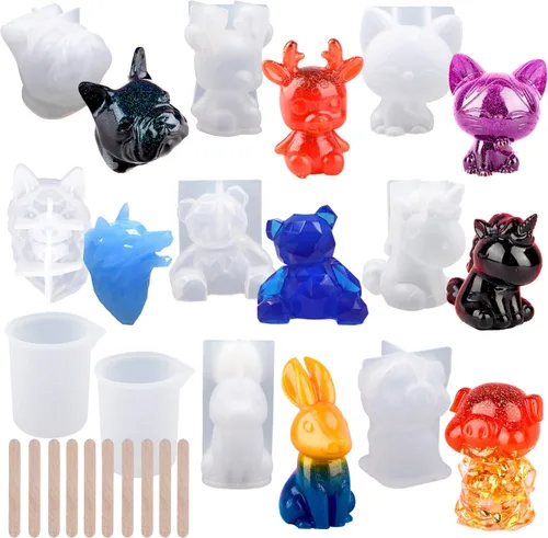 EuTengHao Juego de 20 moldes de resina de animales 3D, incluye 8 moldes de fundición de resina, moldes grandes de silicona epoxi transparente, 2