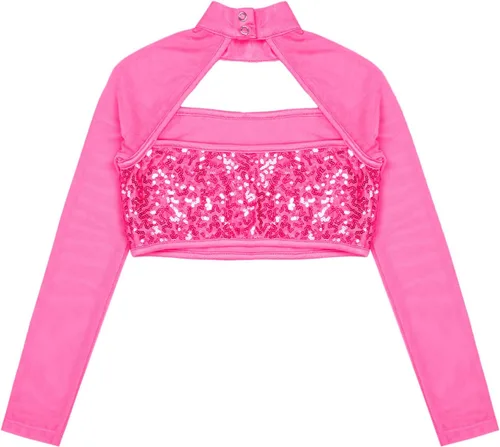 Miniatura 4 de YiZYiF Camiseta deportiva de manga larga con lentejuelas para niños y niñas, estilo hip hop, danza, cuello alto falso, ropa deportiva
