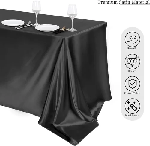Miniatura 4 de TURSTIN Paquete de 4 manteles de satén negro de 102 x 58 pulgadas, mantel rectangular de seda brillante, tela suave, decoración de mesa para bodas