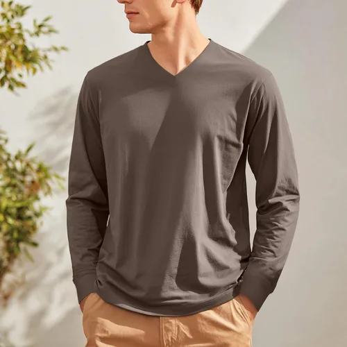 Miniatura 3 de Camiseta para hombre, manga larga, cuello en V, color liso, informal, básica, suave, elástica, M-3XL