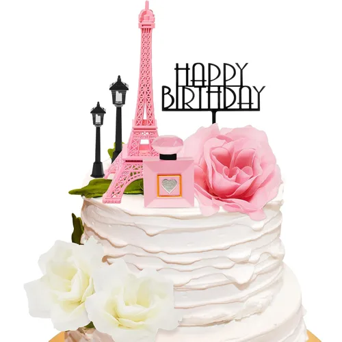 Miniatura 8 de Juego de 8 decoraciones para tartas de la Torre Eiffel de París, decoración romántica de 7 pulgadas con lámpara de calle y rosa para cumpleaños