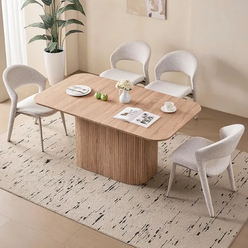 Miniatura 23 de Juego de 4 mesas de comedor grandes de 63 pulgadas para 4, esquinas redondeadas, mesa de cocina rectangular moderna de madera con sillas Boucle