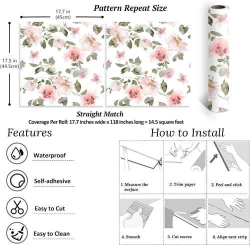 Miniatura 8 de VEELIKE Papel tapiz floral rosa suave de 17.7 x 118 pulgadas, papel de contacto floral de peonías vintage para paredes, armarios, estantes