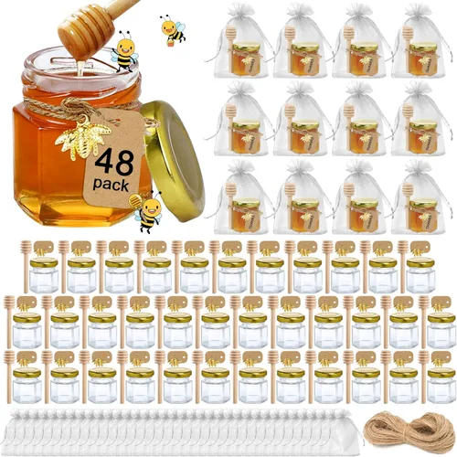 Aliggbent - Paquete de 48 tarros de miel pequeños para fiestas, 42 g, hexagonales, con cucharas, tapas doradas, amuletos de abeja, bolsas de regalo