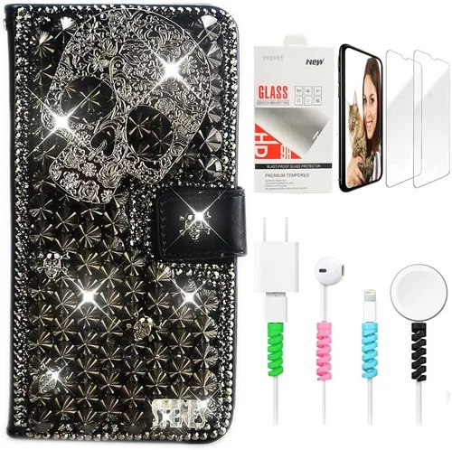 Bling - Funda tipo cartera compatible con Samsung Galaxy S21 Ultra - Elegante - Funda magnética 3D hecha a mano con calavera punk con purpurina Negro