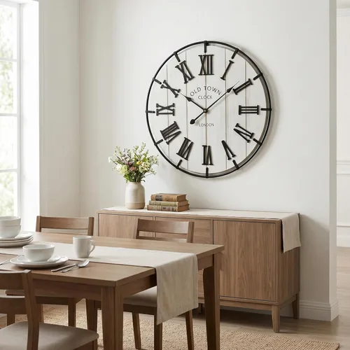 Miniatura 20 de EMAX HOME Reloj de pared grande de granja de 20 pulgadas, cara de grano de madera envejecida negra rústica con números romanos blancos, movimiento