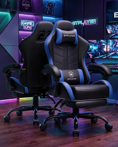 Miniatura 2 de GTPLAYER Silla de juegos para adultos, silla ergonómica para juegos de computadora con reposapiés, altura ajustable, reclinación de 90-155° y Azul