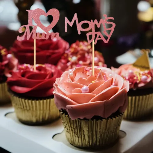 Miniatura 5 de Decoración para cupcakes para el Día de la Madre, 24 piezas con purpurina para fiesta de cumpleaños, suministros de cartón y bambú de primera calidad