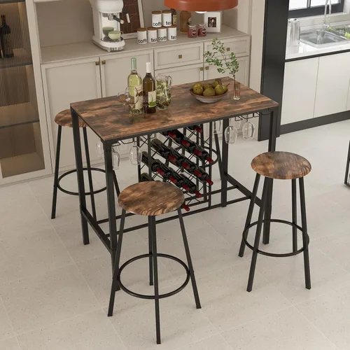 Miniatura 3 de COSTWAY Juego de comedor de 5 piezas de altura de barra, mesa y taburetes para 4 personas con estantes para vino y soportes para vidrio, juego
