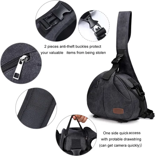 Miniatura 6 de S-ZONE Bolso bandolera de lona para cámara DSLR lente antirrobo mochila bandolera con soporte para trípode