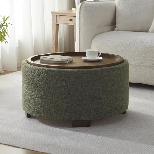 Miniatura 17 de Zihanhome Mesa de Centro Otomana de Almacenamiento Redonda de 30 Pulgadas, Otomana Boucle Moderna con Tapa Desmontable y Patas de Madera Maciza