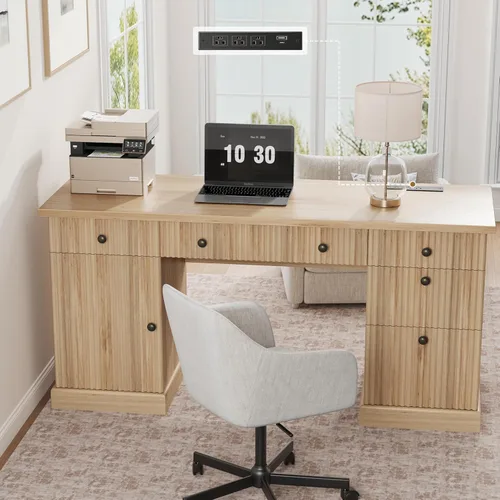 Miniatura 12 de Garvee 60" Office Desk with Storage & Drawers. Fluted Wood Computer Desk with Power Outlet & Adjustable Shelves.Modern Executive Desk for Home