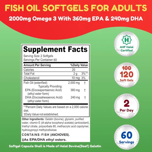 Miniatura 3 de Aceite de pescado Halal Omega 3 de 2000 mg - 60 porciones, 120 cápsulas blandas. Atrapado en la naturaleza, purificado, apto para dieta cetogénica