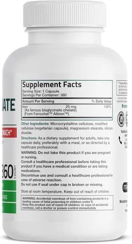 Miniatura 2 de Bronson Bisglicinato de Hierro 25 mg Suave para el Estómago, Apoya la Energía y la Producción Saludable de Glóbulos Rojos - Fórmula sin