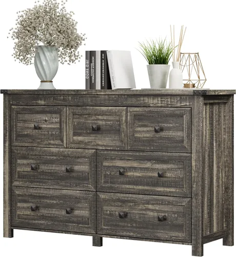 Miniatura 15 de Cómoda para dormitorio con 6 cajones, cómoda de madera de granja, soporte de TV ancho con mango de metal, organizador de ropa moderno para pasillo